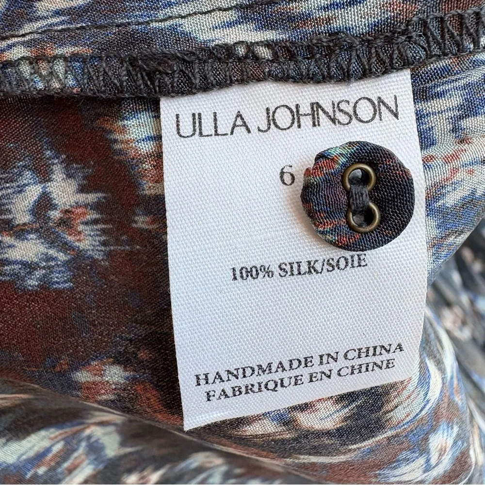 ULLA JOHNSON Lorraine Cobalt Pleated Blouse Floral Silk Top Puff Sleeves Size 6